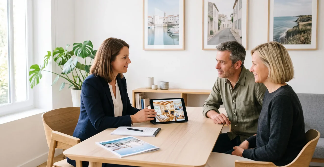 Concierge professional consulting with couple guests across desk with villa documentation and tablet, natural office lighting creating personalised service atmosphere