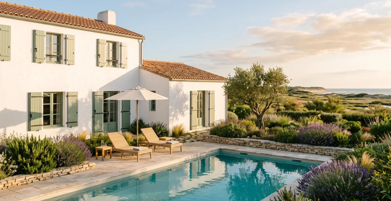 Elegant whitewashed villa with green shutters and private swimming pool surrounded by Mediterranean garden on Île de Ré, late afternoon light revealing coastal vegetation in background