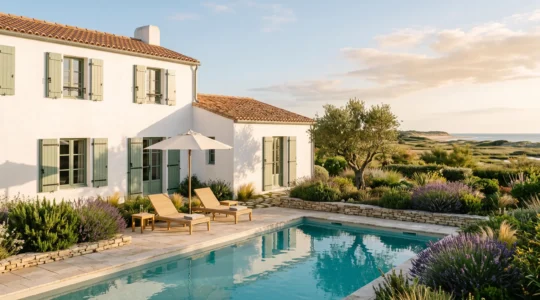Elegant whitewashed villa with green shutters and private swimming pool surrounded by Mediterranean garden on Île de Ré, late afternoon light revealing coastal vegetation in background