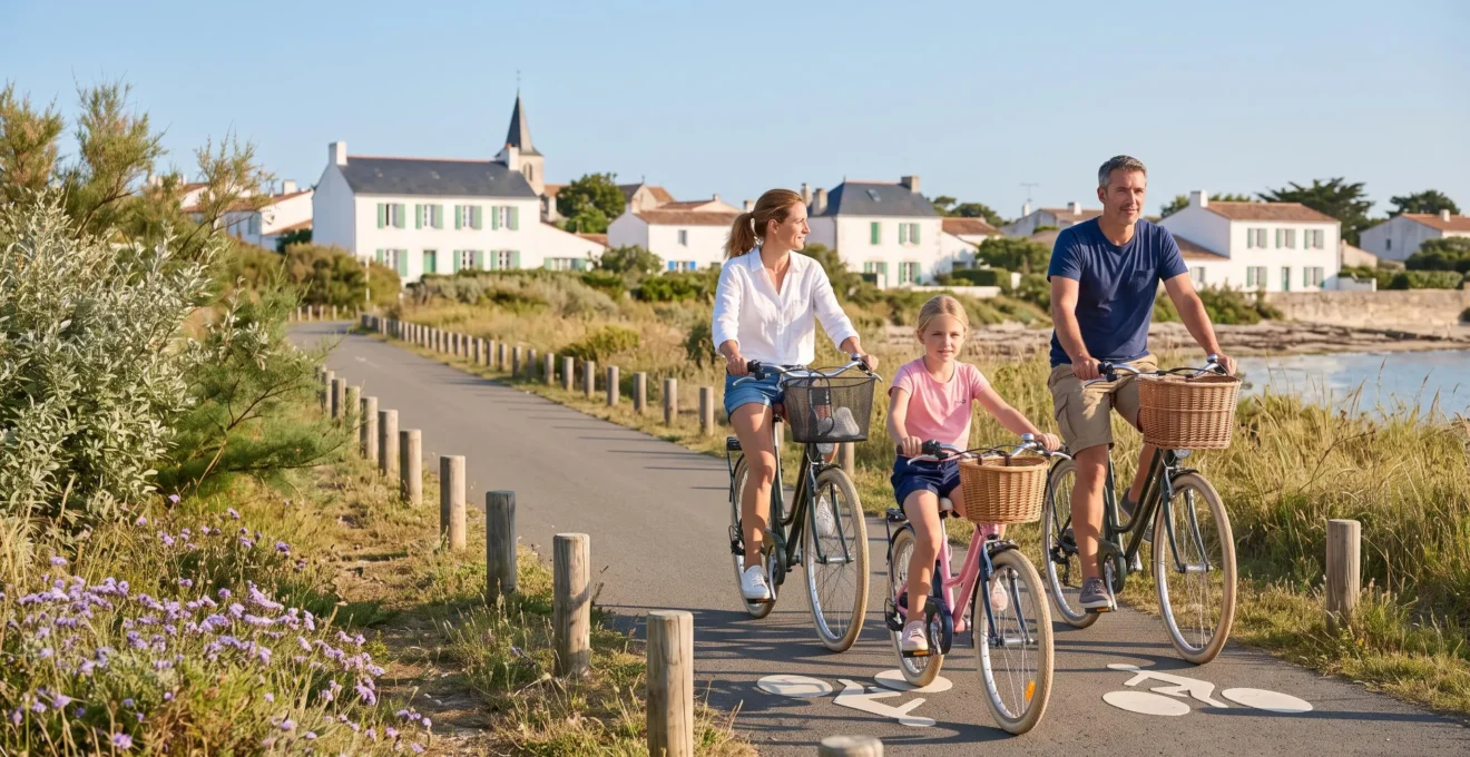 Family of three cycling on coastal path approaching traditional whitewashed Île de Ré village, morning light revealing dedicated cycle lane and natural vegetation